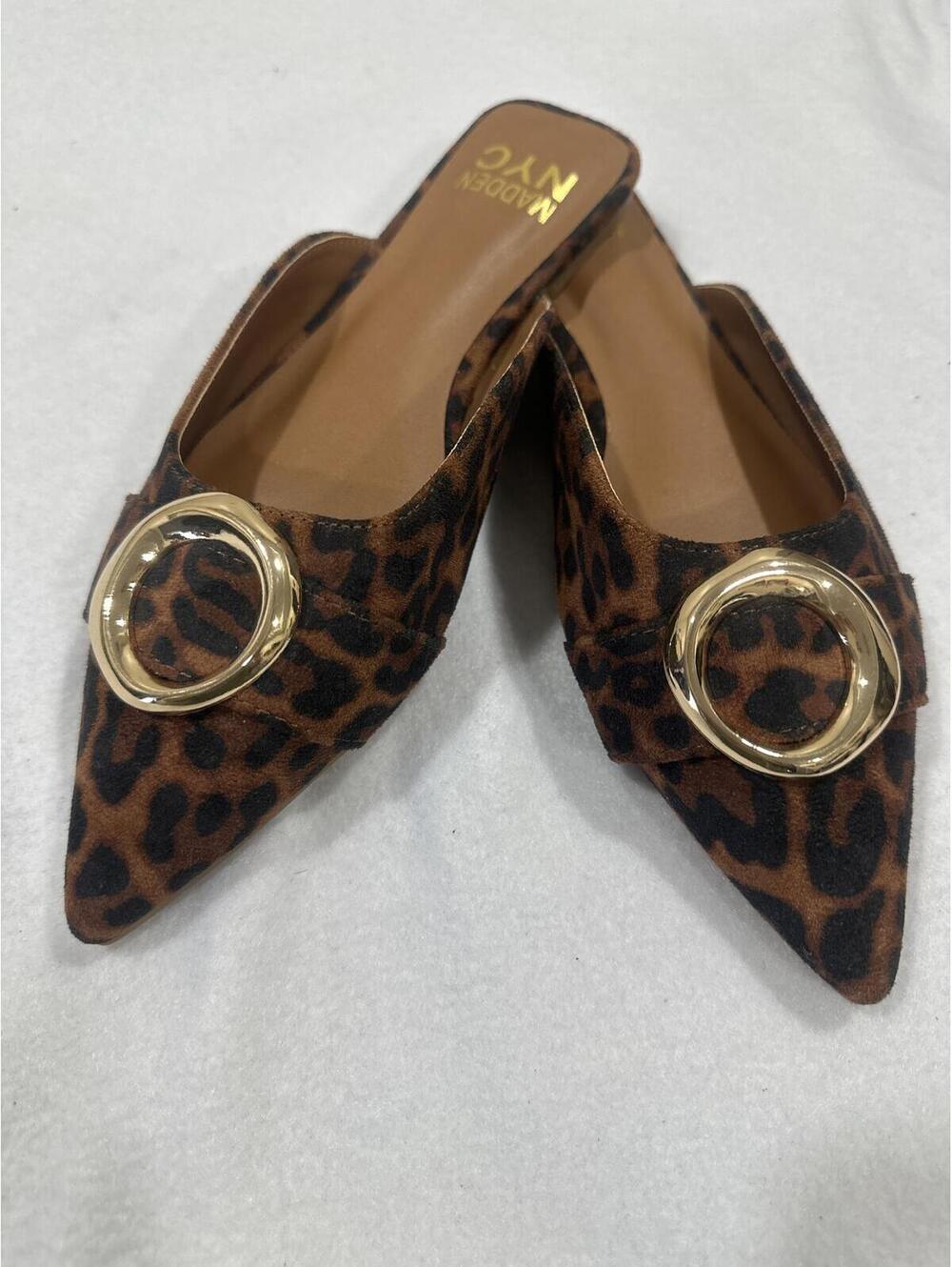 NWOT Madden NYC LeopardPrint Pointed-Toe Mules w/Gold Buckle